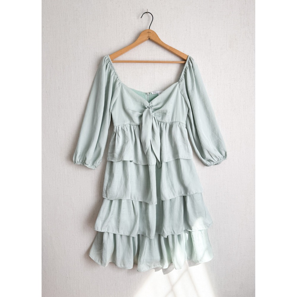English Factory‎ Sage Green Tiered Ruffle Mini Dress Sweetheart Tie Front Small